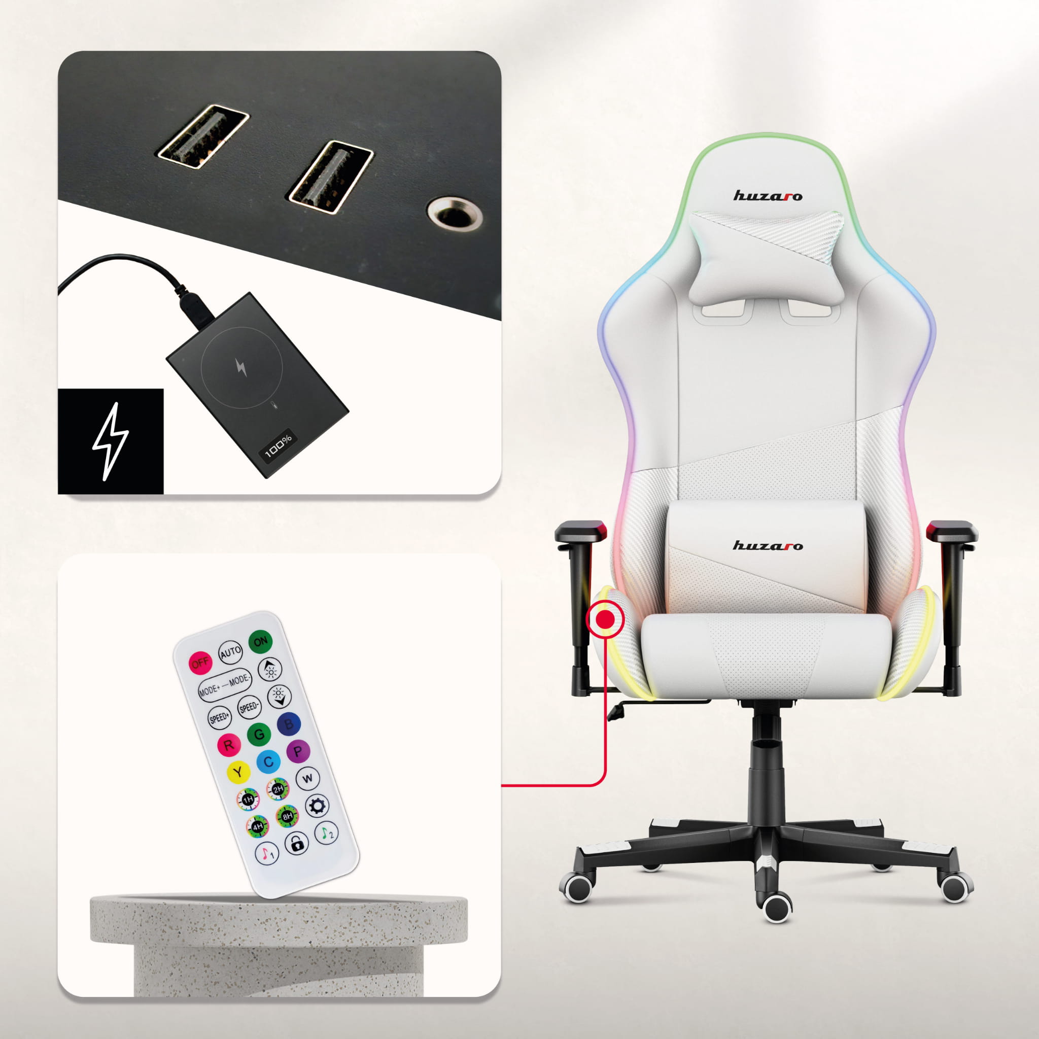 Scaun de gaming HUZARO FORCE 6.2 White RGB LED