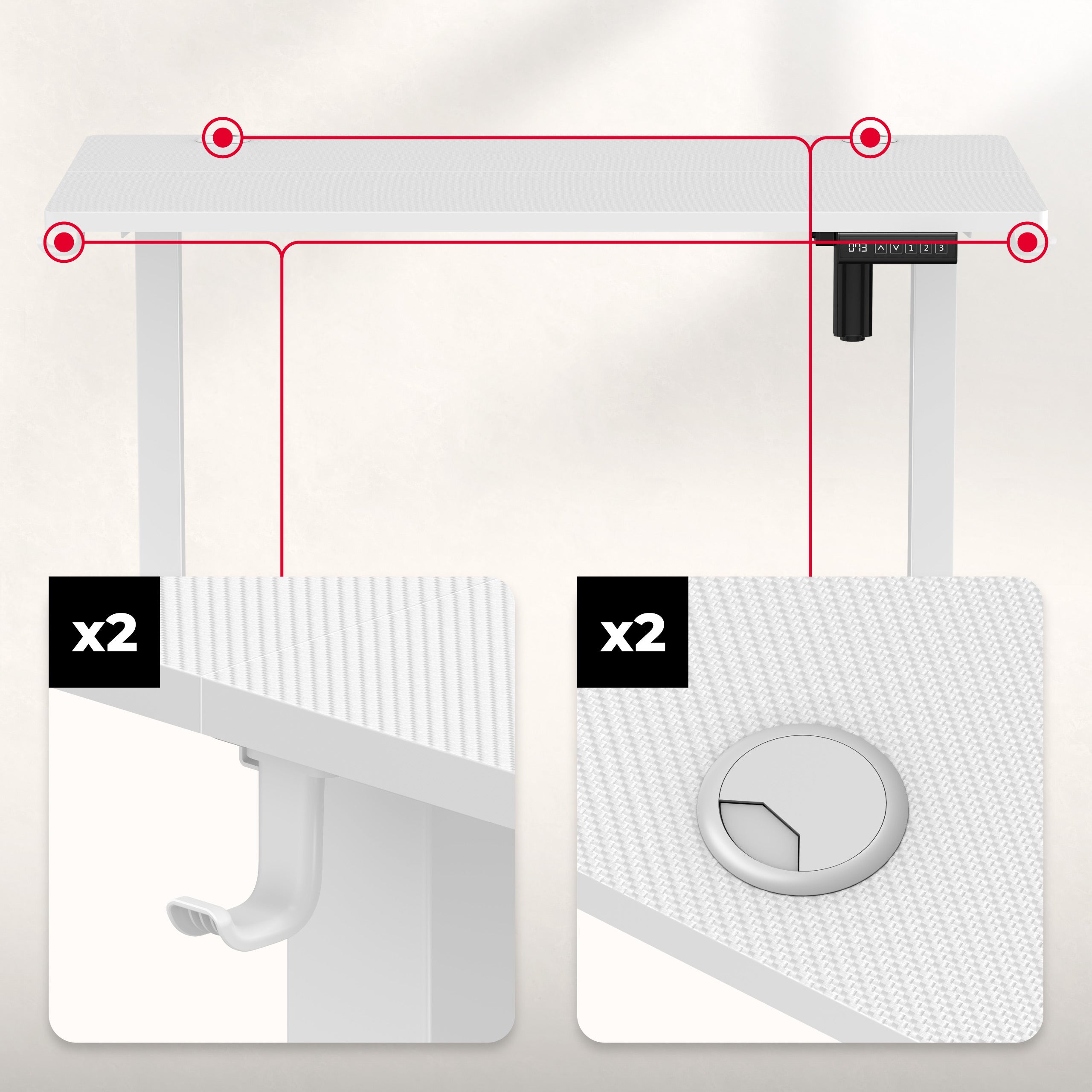 Intrări pentru cabluri pe ambele părți ale mesei
