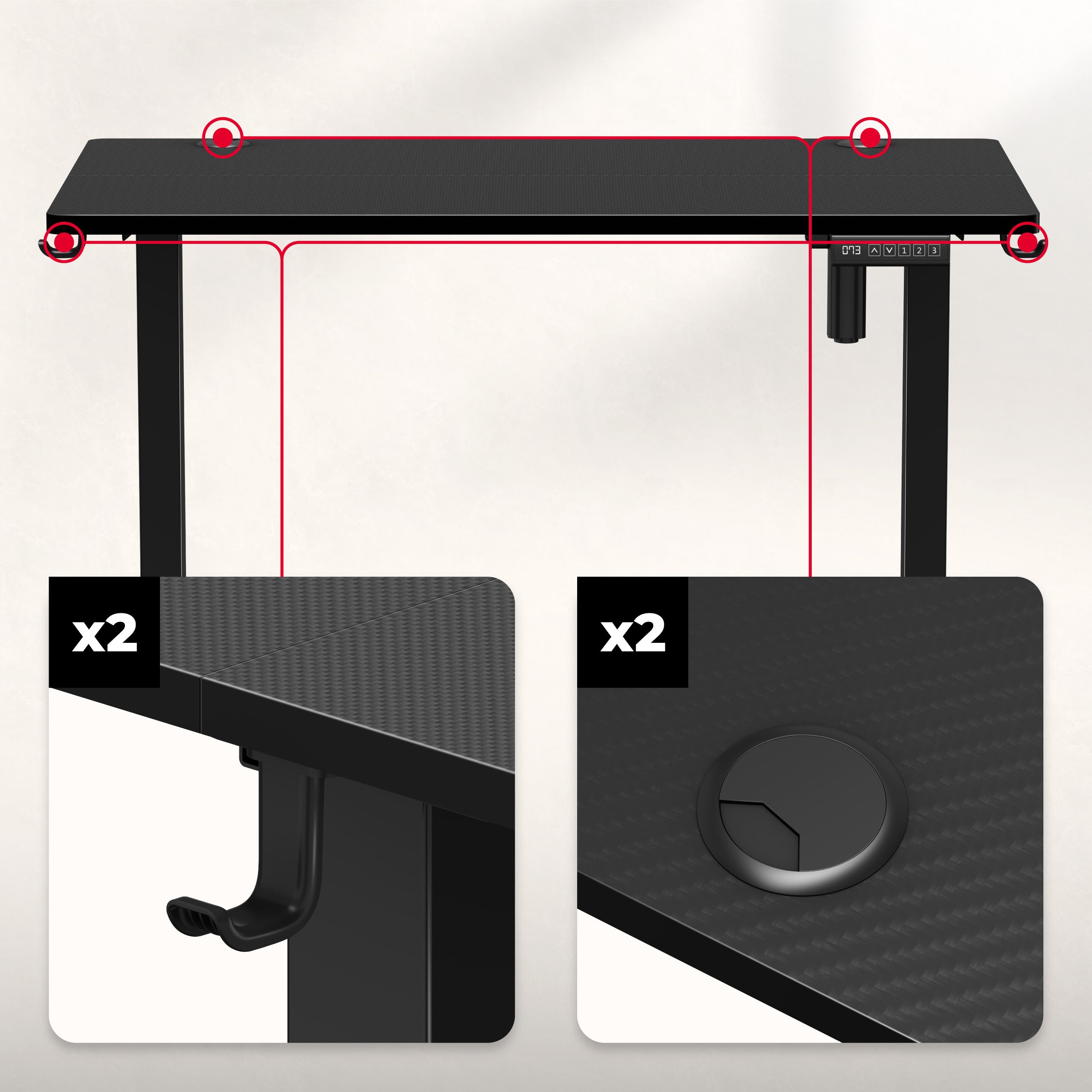 Intrări pentru cabluri pe ambele părți ale mesei