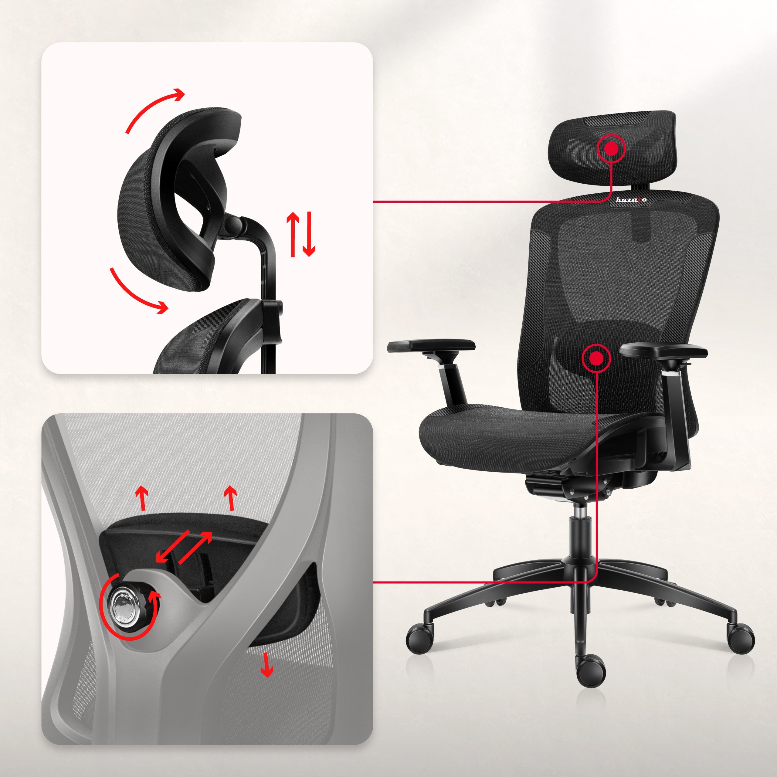 Suport lombar reglabil 2D și tetieră reglabilă